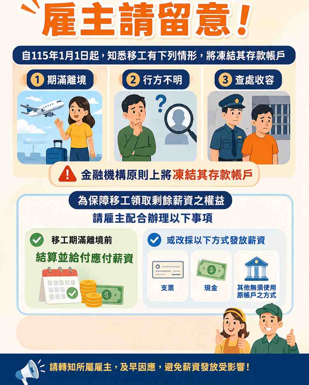 請雇主儘量於移工期滿離境前,結算、給付應付薪資